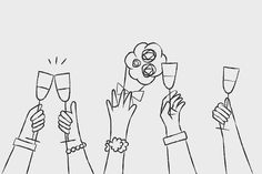 four people holding wine glasses in their hands