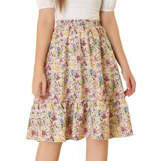 Made floral printed fabric, this midi skirt is high-waisted featuring an A-line silhouette.This flowy midi skirt with a tiered design and vintage allover floral printed.Featuring an A-line and tiered details, it is a summer casual skirt to pair with a top and sandals for a cute day look.Pair with a stylish T-shirt and vintage high heels for a charming inspired look. Size: large. Color: MultiColored. Gender: female. Age Group: adult. Material: Polyester. Spring Floral Print Knee-length Skirt, Knee-length Floral Print Skirt For Spring, Knee-length Floral Skirt For Spring, Knee-length Gathered Mini Skirt For Spring, Casual Midi-length Skirt With Floral Print, Flowy Knee-length Mini Skirt For Spring, Multicolor Floral Print Midi Skirt, Multicolor Floral Midi Skirt, Spring Full Mini Skirt With Elastic Waistband