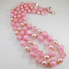 Vintage Bead Necklace, Pink Bead Necklace, Mid-Century Jewelry, Costume Jewelry Pink Multi-strand Faceted Beads Jewelry, Pink Multi-strand Jewelry With Faceted Beads, Vintage Pink Beaded Necklace With Round Beads, Pink Vintage Beaded Necklaces With Colorful Beads, Pink Beaded Double Strand Jewelry, Pink Double Strand Beaded Jewelry, Pink Multi-strand Necklace For Parties, Pink Costume Jewelry Beaded Necklaces For Party, Pink Double Strand Faceted Beaded Necklaces