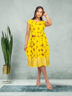 Yellow Silk Knee Length Dress - Festive Fusion  | festive indian wear | indian wear usa | indian wear usa  | indian clothing online usa | indian dress in usa online | Indian Dresses From India Yellow Festive Dresses, Fitted Midi Dress For Summer Festivals, Fitted Midi Dress For Summer Festive Occasions, Fitted Midi Dress For Summer Festivities, Fitted Festive Midi Dress For Summer, Yellow Festive Dresses For Spring, Fitted Yellow Festive Dress, Festive Fitted Yellow Dress, Festive Yellow Fitted Dress