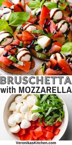 Top photo: Bruschettas with tomatoes, mozzarella and basil. Bottom photo: Diced tomatoes, mozzarella and basil. Bruschetta Recipe Mozzarella, Bruschetta Mozzarella, Brushetta Appetizers, Bruschetta With Mozzarella, Bruchetta Appetizers, Mozzarella Appetizers, Caprese Bruschetta, Easy Bruschetta Recipe, Homemade Bruschetta