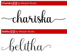 three different types of lettering that are in the same font pattern, each with an individual's name