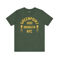 *Orders placed after December 11 are not guaranteed to arrive by Christmas* *Online only. This tee will be printed specially for you and may ship separately from other items in your order. Ships within a few days* What’s comfier than a casual tee? A premium casual tee. Rep your favorite neighborhood in this unisex Greenpoint jersey t-shirt. It features a crew neck, short sleeves and a new modern relaxed fit for effortless style. Design is exclusive to Local Color NYC. Solid colors are 100% cotto Urban Style Tri-blend Pre-shrunk Tops, Green Graphic Tee With Logo Print, Urban Green Tops With Text Print, Green Urban Top With Text Print, Graphic Tee Tri-blend Pre-shrunk T-shirt, Tri-blend Crew Neck T-shirt With Logo Print, Green Sporty T-shirt For Everyday Wear, Green Crew Neck T-shirt With Text Print, Everyday Tri-blend T-shirt With Letter Print