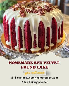 a red velvet pound cake with white icing and pecans