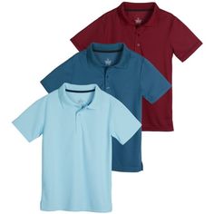 Introducing the Real Essentials Boys' Polo Shirt - a versatile addition to your young athlete's wardrobe. Designed to meet the needs of active boys, this polo offers a stylish and comfortable fit for school uniforms, golf outings, or everyday wear. Available in kids' size 7, this polo shirt comes in timeless black and vibrant blue options. The collared design adds a polished look suitable for formal and casual occasions. Crafted with moisture-wicking fabric, it keeps your child cool and dry duri Sporty Collared T-shirt, Short Sleeve Sportswear Tops For Play, Sportswear Tops For Playwear, Blue Moisture-wicking Tops For Playwear, Solid Color Collared Sports Top, Sporty Solid Color Tops For Playwear, Solid Color Collared Sport Tops, Solid Collared Sports Top, Solid Collared Top For Sports