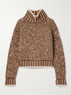 Moncler's turtleneck sweater is knitted from wool-blend yarns in shades of brown and beige, giving it a speckled, mélange finish. It has chunky ribbed trims outlined with white and a comfy, relaxed shape. The brand's signature logo patch adorns one sleeve. Feather Trim Sweater, Vintage Winter Sweater, Vintage Wool Sweater, Vintage Ski Sweater, Hermes Sweater, Sweater Stitches, Elegant Knitwear, Ski Sweaters, Barrel Pants