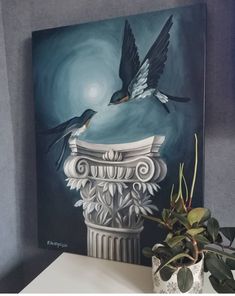 a painting of two birds sitting on top of a white column next to a potted plant