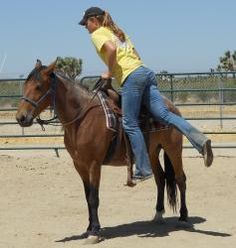 a woman in yellow shirt riding on the back of a brown horse next to a fence