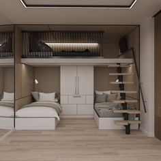 a room with bunk beds and stairs in it