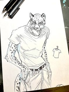 a drawing of a man with a cat on his shirt