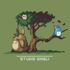 the pixel art shows an owl sitting on top of a tree and another bird flying over it