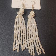 New Off-White Beaded Dangle Earring 3" White Beaded Drop Crystal Earrings, White Beaded Crystal Drop Earrings, White Beaded Crystal Earrings For Party, White Beaded Dangle Crystal Earrings, White Crystal Dangle Earrings, White Beaded Earrings With Faceted Round Beads, White Round Beaded Earrings With Faceted Beads, White Faceted Beaded Round Earrings, White Dangle Crystal Earrings With Pearl Drop