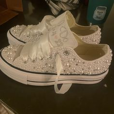 PEARL and BLING Encrusted PLATFORM Converse, Bride Shoes, Wedding Embroidered Wedding Shoes, Wedding Sneakers, Decorated Shoesconverse - Etsy Converse For Wedding, Converse Wedding Shoes, All White Sneakers, Converse Low Tops, Platform Converse, Wedding Converse, Wedding Sneakers, Groom Shoes, Embroidered Wedding