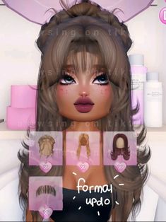 an animated image of a woman's face with different hair types and makeup colors