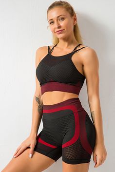 Red Breathable Mesh Gym Crop Top & Shorts Sports Set Red High Stretch Sleeveless Sports Bra, Red Stretch Gym Shorts, Red Sports Bra For Training, Stretch Red Shorts For Yoga, Red Activewear Shorts For Sports, Stretch Red Yoga Shorts, Red Stretch Activewear For Running, Red Sportswear Bottoms For Gym, Red Athletic Fit Activewear For Sports