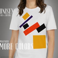 "Kazimir Malevich \"Suprematist composition\" unisex t-shirt Solid colors are 100% ring-spun cotton Dark Heather is 65% polyester, 35% cotton Sport Grey is 90% ring-spun cotton, 10% polyester Fabric weight: 4.5 oz/y² (153 g/m²) Pre-shrunk for extra durability Shoulder-to-shoulder taping Printing technique - Direct to Garment Care instructions: * Machine wash cold, inside-out, gentle cycle with mild detergent and similar colors. Use non-chlorine bleach, only when necessary. No fabric softeners * Modern White Color Block Tops, Modern Summer T-shirt With Graphic Design, Modern White T-shirt With Screen Print, Kazimir Malevich, Iron Decor, Fabric Softener, Printing Techniques, Shoulder Taping, Unisex T Shirt