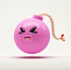 a pink bomb with eyes and a string attached to it's side, in front of a white background