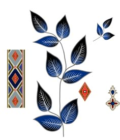 blue leaves and other decorative items on a white background