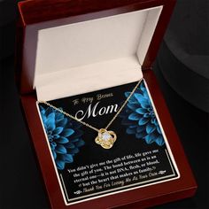 This elegant Love Knot necklace is the perfect gift for your Bonus Mom. It features a beautiful message card that reads, "To My Bonus Mom, You didn't give me the gift of life; life gave me the gift of you. The bond between us is an eternal one--it is not DNA, flesh, or blood, but the heart that makes us family. Thank you for loving me as your own." This message will surely touch her heart and remind her how much you appreciate her. Imagine the profound emotional impact of your Bonus Mom receivin Mother's Day Gift-wrapped Necklaces, Rose Gold Necklace With Gift Box For Mother's Day, Inspirational Necklace For Mother's Day Gift, Inspirational Mother's Day Gift Necklace, Necklaces With Gift Box For Mother's Day, Necklaces For Mother's Day Gifts With Gift Box, Mother's Day Gold Necklace With Gift Box, Gold Necklace With Gift Box For Anniversary, Gold Necklace With Gift Box For Her