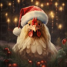 a painting of a chicken wearing a santa hat