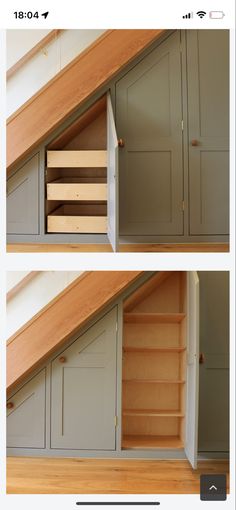 two pictures show the inside of an attic with open shelves and cupboards on each side