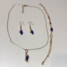 Nwot Gold Tone With Crystals Set, One Earring Has Misplaced Crystal Not Very Noticeable Bracelet 7.5”Length +2” Extender Earrings 1&5/8”Length, 3/8” Width Chain 18” Length +1.5” Extender Pendant 1.5” Length, 1/2” Width #2 Indigo Jewelry, One Earring, Golden Earrings, Crystal Set, Gold Set, Gold Jewelry, Blue White, Gold Tones, Color Blue