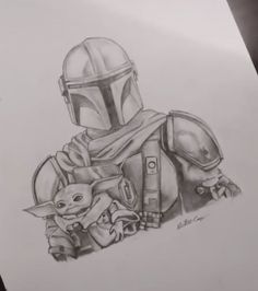 a pencil drawing of a boba fett and baby yoda