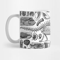 a white coffee mug with black and white images of different types of animals on it