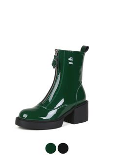 Winter Green Ankle-high Heeled Boots, Green Ankle-high Heeled Boots For Winter, Green Round Toe Martin Boots For Winter, Green Winter Martin Boots With Round Toe, Green Ankle-high Martin Boots For Winter, Green Ankle Boots For Winter, Green Winter Boots With Round Toe, Fall Patent Leather Heeled Boots With Zipper Closure, Green Ankle-high Platform Boots For Fall