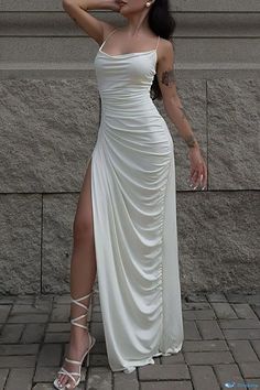 OrcaJump - High-Low Solid White Party Dress with Sexy Spaghetti Straps and Fold Detail Classy Prom Dresses, Stunning Prom Dresses, Prom Dress Inspiration, Cute Prom Dresses, White Dress Party, Pretty Prom Dresses, فستان سهرة, Trening Pilates, Glam Dresses