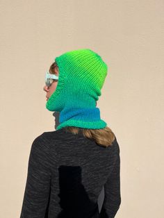 Full Face Balaclava, Knit Balaclava in Vibrant Blue Yellow Green, Colorful Knitted Hood, Balaclava Face Cover, Unisex Balaclava - Etsy Casual Blue Full Face Balaclava, Fitted Green Winter Beanie, Fitted Green Beanie For Winter, Green Casual Balaclava For Winter, Casual Green Balaclava For Winter, Green Balaclava For Winter Cold Weather, Green Balaclava For Cold Weather, Green Full Face Balaclava For Outdoor Use, Green Winter Balaclava For Cold Weather