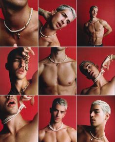 multiple pictures of a shirtless man with pearls around his neck and chest, wearing necklaces