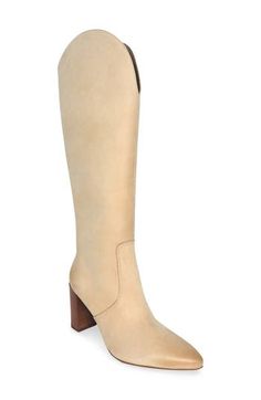 A pointy toe and stacked block heel balance a stylish boot shaped in a knee-high silhouette for versatile wear. 3" heel (size 8) 17 1/2" shaft; 15 1/2" calf circumference. Regular calf 17 1/2" shaft; 16 1/2" calf circumference. Wide calf Side zip closure Leather upper/synthetic lining/rubber sole Made in Brazil Workwear High Shaft Boots With Stacked Heel, Wide Calf Heeled Boots With Stacked Block Heel, Wide Calf Heeled Boots With Sculpted Block Heel, Heeled Boots With Stacked Heel And High Shaft, Knee-high Boots With Stacked Block Heel, Knee-high Boots With Stacked Heel, Knee-high Boots With Stacked Heel And High Shaft, Tall Knee-high Boots With Stacked Heel And High Shaft, Chic Boots With Stacked Heel And Wide Calf