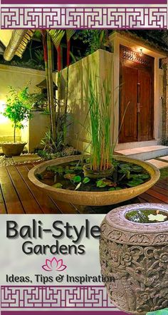 an advertisement for bali - style gardens in front of a house with plants and water