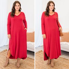 fb-feed All Things New, Clover Necklace, Dress Red, Knitting Materials, Red Dress, New Dress, Long Sleeves, Spandex, V Neck