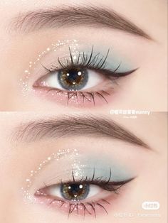 Green Eye Makeup Korean, Nail Korean Style Blue, Blue Korean Makeup, I’m Cold Makeup, Blue Eye Makeup Looks, Kpop Makeup Looks, Pastel Eyeshadow Looks, Douyin Eye Makeup