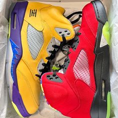 “What The” Size 10.5 Brand New Box Has Minor Damage Custom Yellow Low-top Sneakers With Red Sole, Yellow Custom Sneakers With Red Sole And Round Toe, Sporty Yellow Custom Sneakers With Red Sole, Sporty Custom Yellow Sneakers With Red Sole, Jordan 5 Retro, Air Jordan 5 Retro, Shoes Air, Air Jordan 5, Mens Nike Air