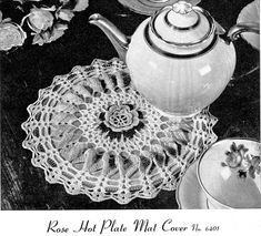 an advertisement for rose hot plate mat covers the table with doily and crochet