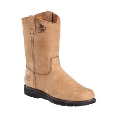 Enjoy superior durability and comfort from a long wearing Wellington work boot with the Farm and Ranch Comfort Core Wellington from Georgia Boot. This easy-wearing pull-on utilizes SPR full grain leather for its upper to deliver up to 3 times the strength and 2 times the abrasion resistance of a traditional leather upper. This specialized leather also stands up to the caustic chemicals and common barnyard acids encountered on farms and ranches. Fully lined for superior breathability and moisture Leather Slip-resistant Work Boots For Construction, Western Style Waterproof Leather Boots For Safety, Western Style Leather Waterproof Boots For Safety, Western Style Leather Waterproof Boots, Classic Slip-resistant Work Boots For Outdoor, Leather Work Boots For Construction With Snip Toe, Sturdy Work Boots With Round Toe, Leather Impact Resistant Boots For Construction, Brown Leather Waterproof Boots For Construction