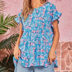 Emily Wonder By Andree Bt Unit Floral Tiered Blouse. Size M Nwt 100% Polyester Blue Relaxed Fit Summer Blouse, Printed Blue Tops, Printed Blue Tops For Daywear, Blue Printed Tops For Daywear, Light Blue Floral Print Blouse For Vacation, Light Blue Flowy Top For Vacation, Flowy Light Blue Top For Vacation, Light Blue Flowy Casual Blouse, Casual Flowy Light Blue Blouse