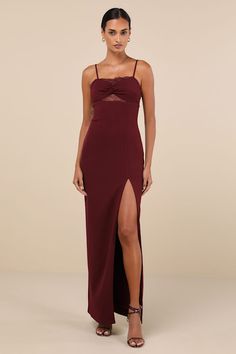 There's no doubt that jaws will drop at the sight of you in the Lulus Exceptional Stunner Plum Purple Lace Twist-Front Maxi Dress! Stretchy crepe knit falls from adjustable spaghetti straps, a sweetheart neckline, and a twisted bodice with a lacy lining that peeks through a cutout-like detail at the center, neckline, and low back. High, empire waist sits atop a column skirt that falls to a maxi hem. Hidden side zipper/clasp. Fit: This garment fits true to size. Length: Floor length. Size medium Empire Waist Dresses, Column Skirt, 21st Dresses, Empire Waist Dress, Purple Lace, Plum Purple, Twist Front, Dress 100, Large Size Dresses