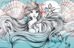 a drawing of a girl with long hair and seashells on her head is shown