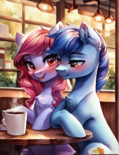 two blue and pink ponies sitting at a table next to each other with coffee in front of them