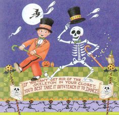 a card with two skeletons dressed in halloween costumes, one holding a broom and the other wearing a top hat