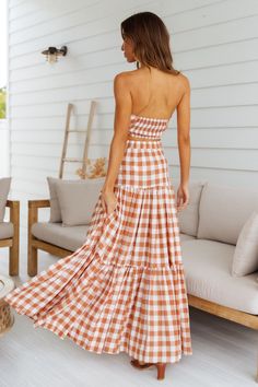 Length from waist to hem of size S: 105cm. Tan gingham maxi skirt. Non-lined. Cold hand wash only. Model is a standard XS and is wearing size XS. True to size. Lightweight, non-stretchy cotton fabric. Elasticised waist. Side zipper. Cotton. Enter the season of events in the most stunning maxi skirt. This sweet skirt has a tiered detail and gorgeous tight high waist fit, so this skirt was made for you! Complete the look with the matching crop and some white dainty heels. Cotton Maxi Dress For Picnic, Fitted Cotton Maxi Dress For Picnic, Gingham Maxi Dress For Summer Day Out, Summer Gingham Maxi Dress For Day Out, Gingham Skirt For Summer Picnic, Summer Gingham Skirt For Picnic, Fitted Gingham Skirt For Summer, Fitted Cotton Skirt For Picnic, Summer Plaid Maxi Dress