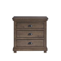 a wooden nightstand with three drawers and two knobs on the bottom, against a white background