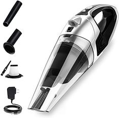 a silver and black cordless vacuum is shown with accessories for the attachments on it