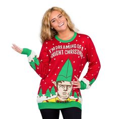 a woman wearing an ugly christmas sweater