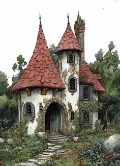 a painting of a fairy tale house with red roof and stone steps leading up to it