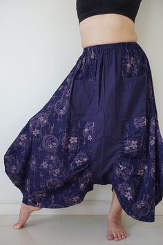 "Thai cotton baggy unisex harem pants have the \"flow\", perfect of yoga or just a cool strolling. Comfort and character are what these pants are all about. They have the traditional sarong look & feel but a lot more practical when it comes to activity like yoga. As a bonus, they are convertible! Just pull them up and you get yourself a cute jumpsuit in a flash. Together with elastic cuff legs, you can wear them short or long. The pants have smock waist (wide bang elastic) with no pocket. Th Loosely Fitted Cotton Harem Pants For Meditation, Cotton Hippie Harem Pants For Meditation, Hippie Cotton Harem Pants For Meditation, Baggy Cotton Harem Yoga Pants, Baggy Harem Cotton Yoga Pants, Loose-fit Cotton Harem Yoga Pants, Cotton Harem Pants With Elastic Waistband For Meditation, Cotton Hippie Harem Pants For Yoga, Hippie Cotton Harem Yoga Pants